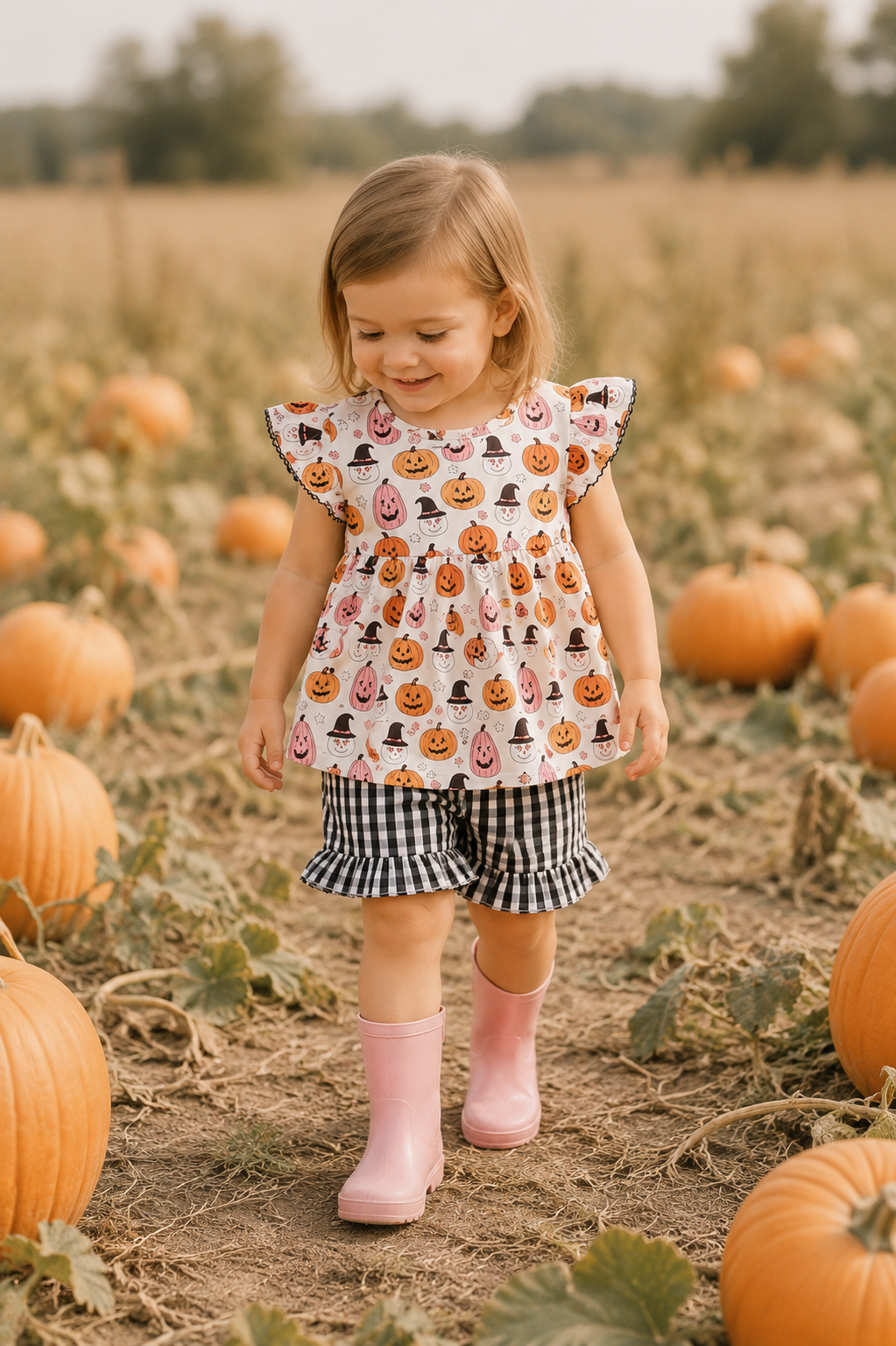 Girl wearing pumpkin-print ruffle top and gingham shorts