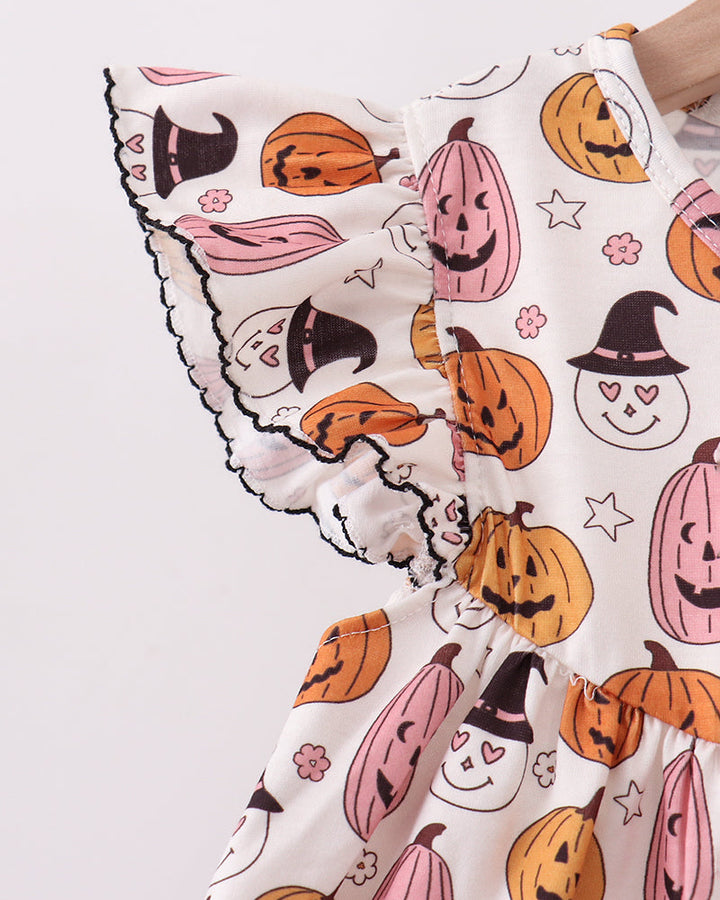 Pumpkin face print ruffle sleeve top with scalloped edge