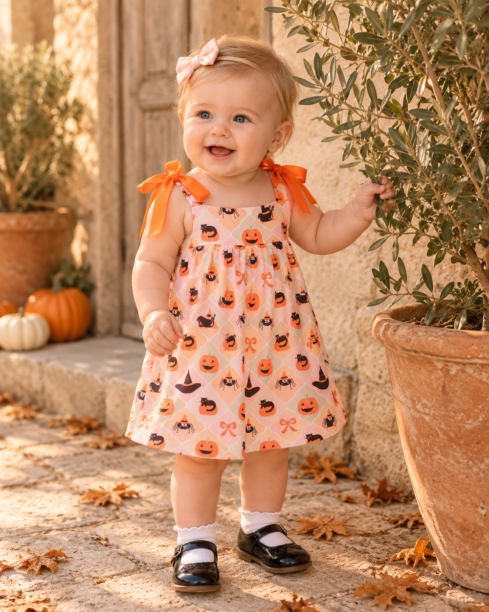 A toddler girl wearing a light pink Halloween dress with an orange and black pumpkin print, standing outdoors on a stone patio next to a potted olive tree.
