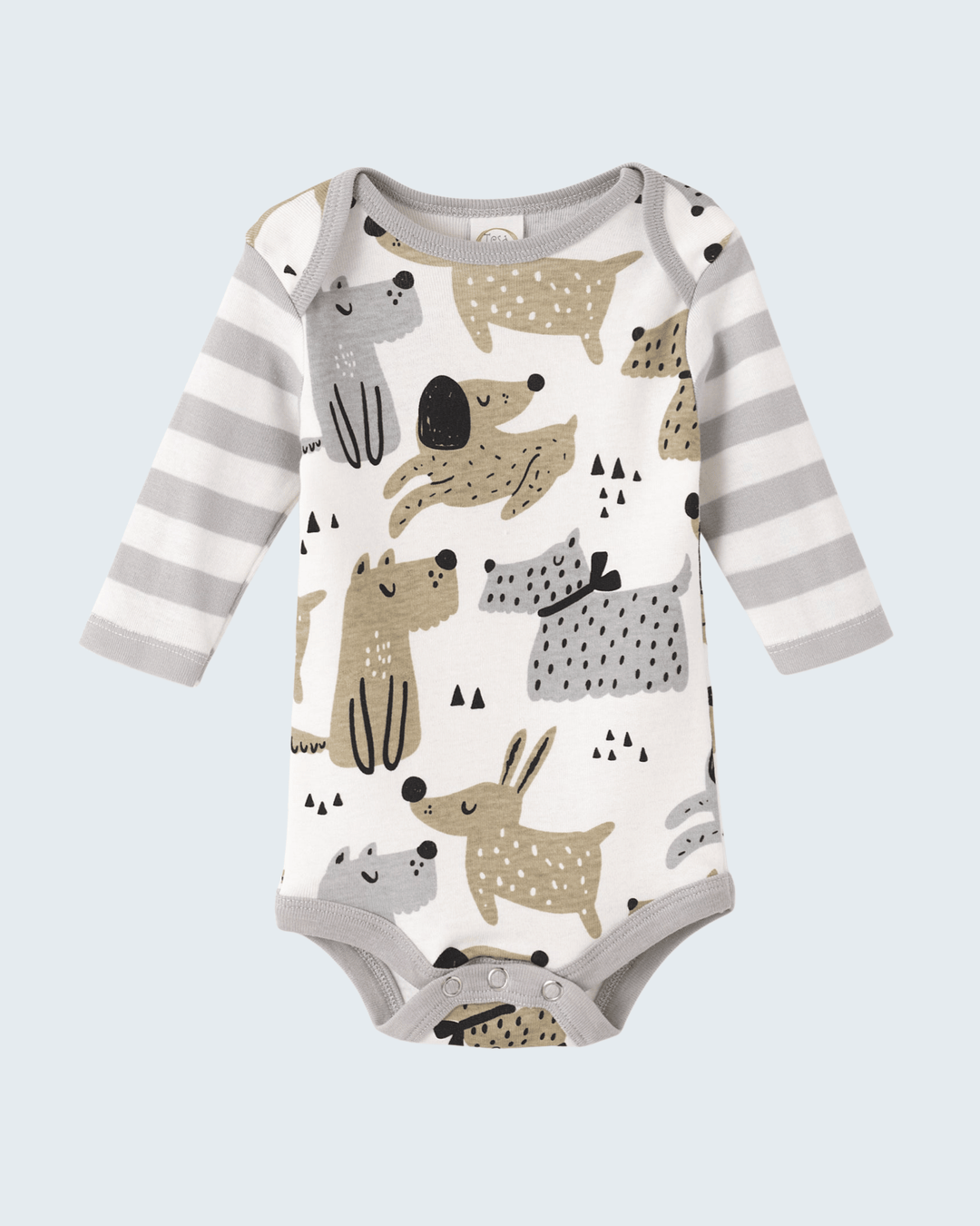 Baby bodysuit with animal pattern and striped sleeves on a light gray background