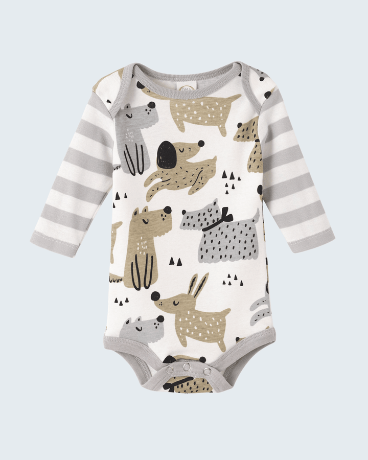 Baby bodysuit with animal pattern and striped sleeves on a light gray background