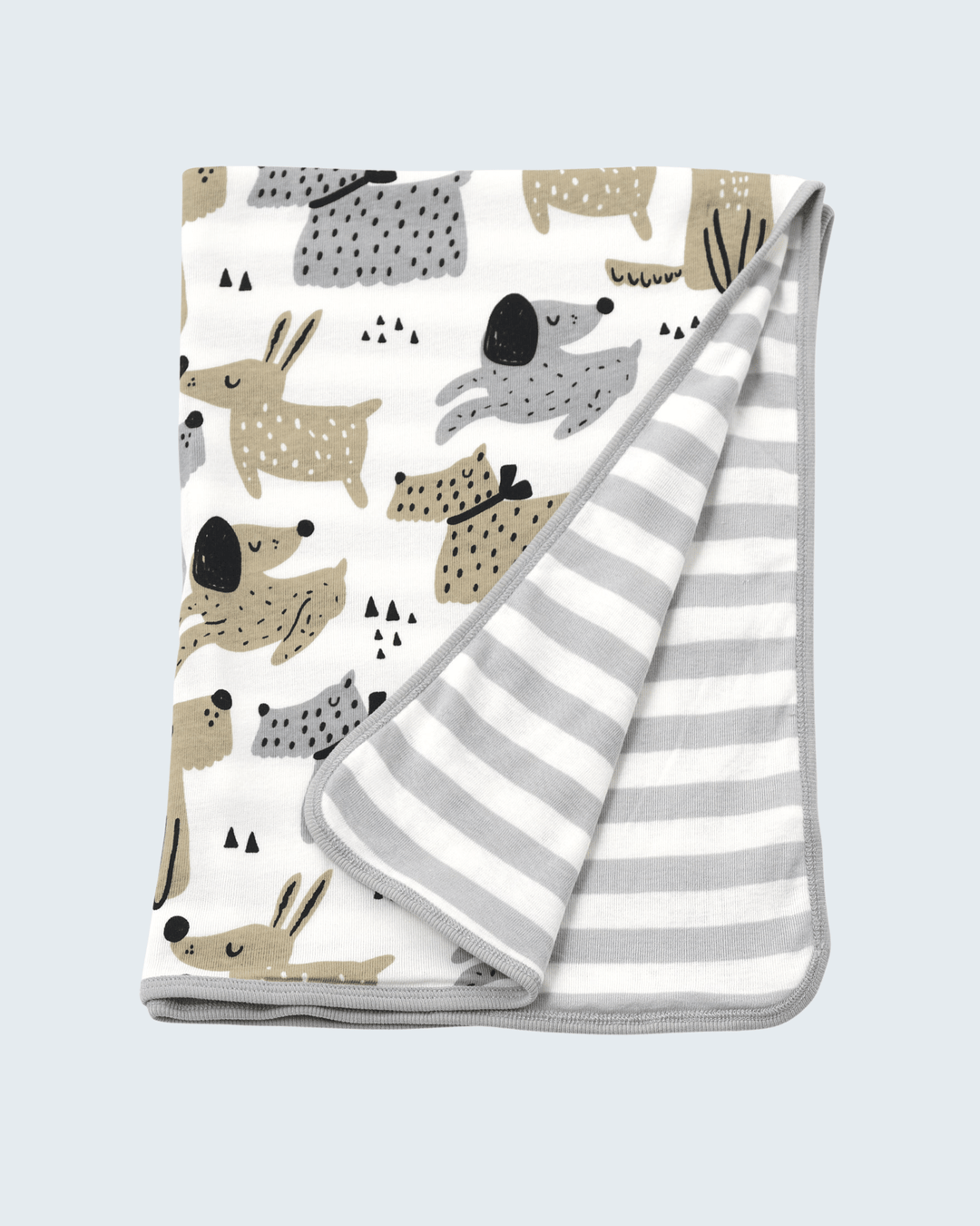 Baby blanket with animal pattern and striped design on a light gray background