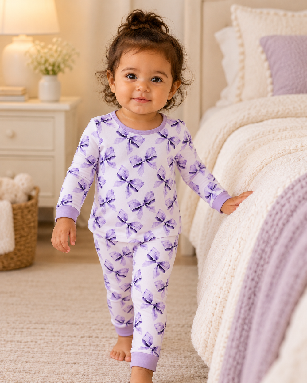 Toddler girl is wearing a Purple Bow Bamboo Pajama Set