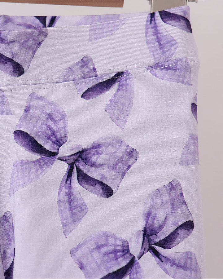 Purple bow-print bamboo pajama pants waistband with fabric stretch
