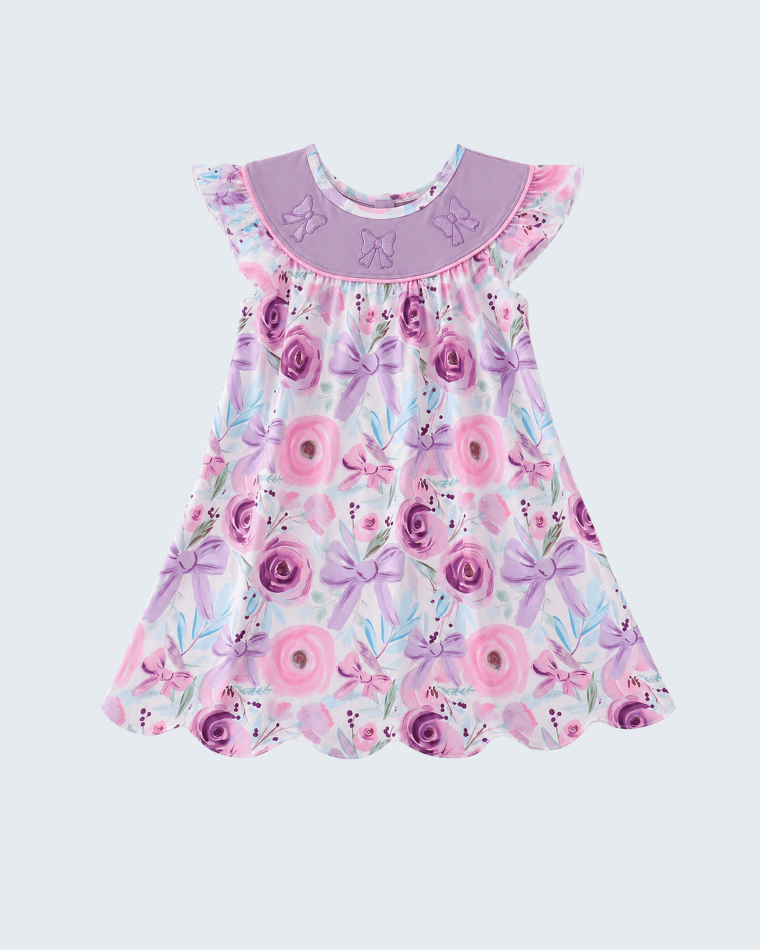 Purple Bow Embroidered Floral Scalloped Dress on light grey background