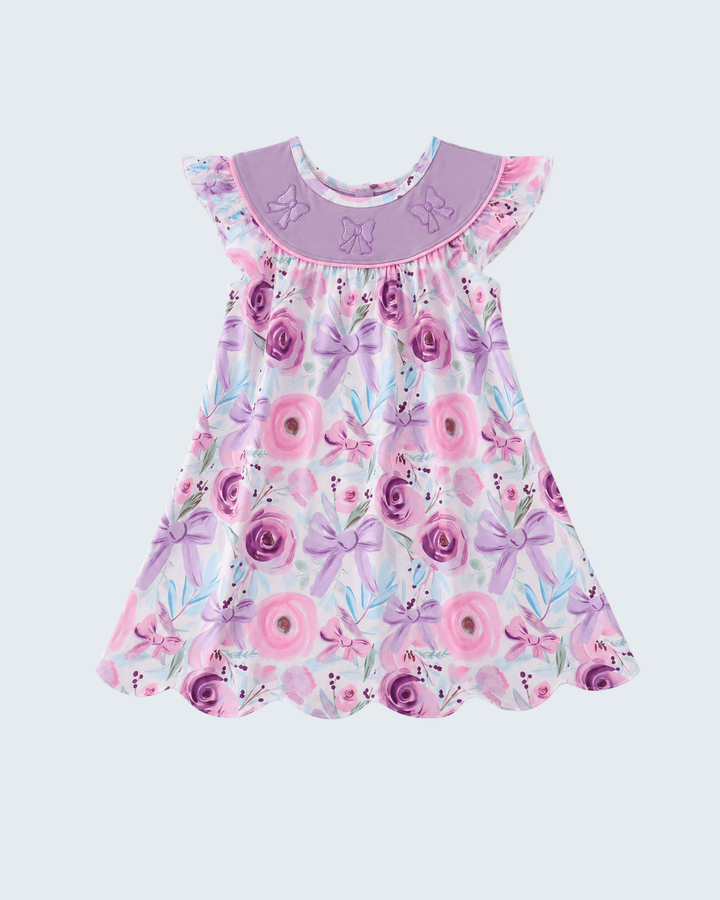 Purple Bow Embroidered Floral Scalloped Dress on light grey background
