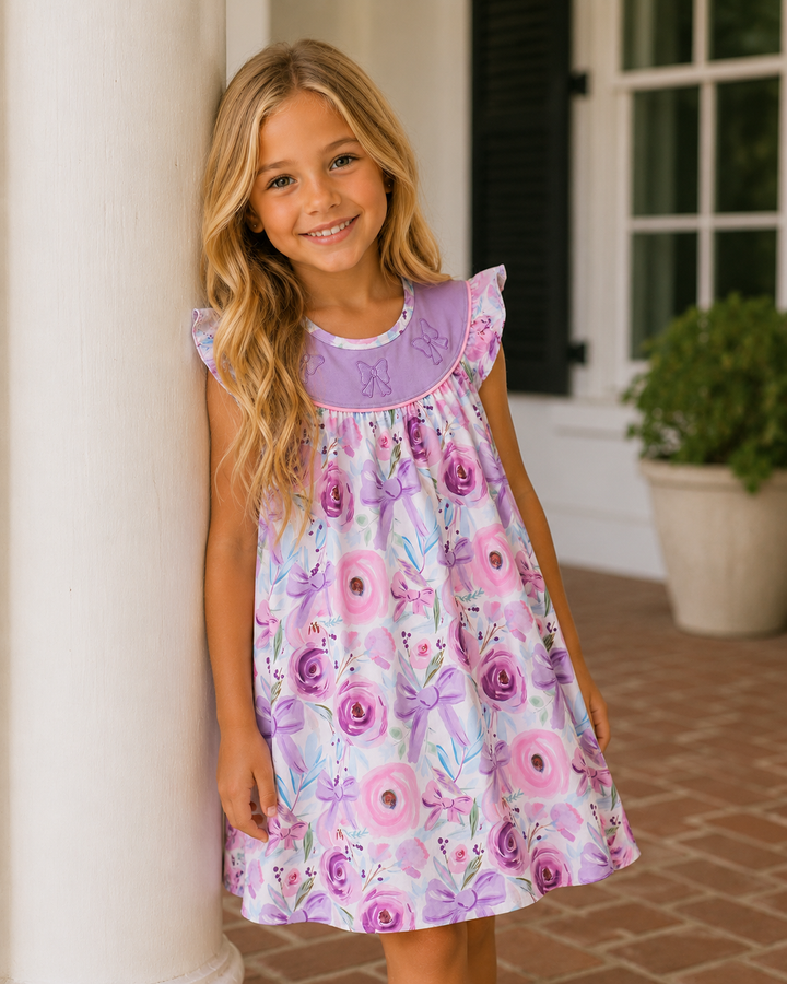 Young girl leaning up against a column in front of a house.