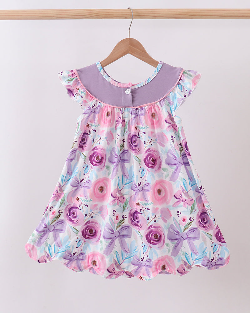 Purple Bow Embroidered Floral Scalloped Dress on wooden hanger