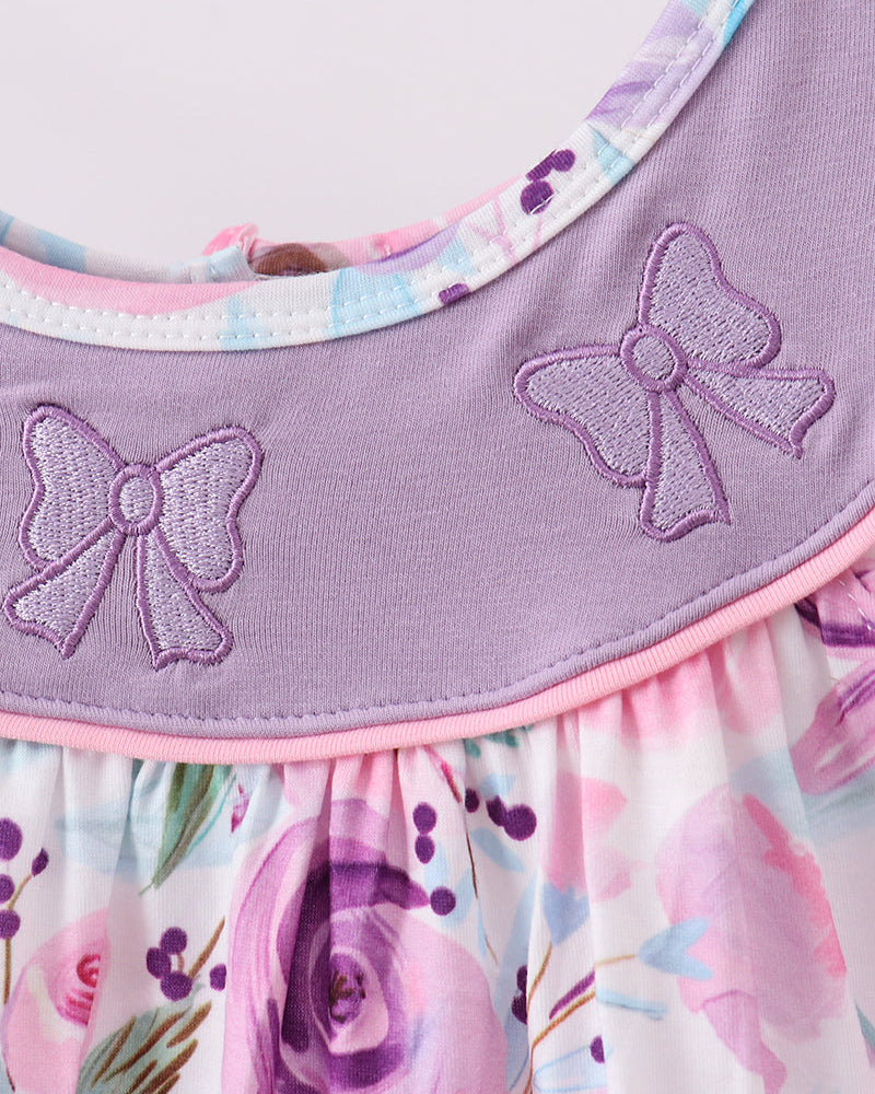 Lavender scalloped collar with embroidered bows and pastel floral dress neckline