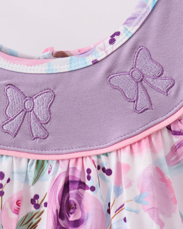 Lavender scalloped collar with embroidered bows and pastel floral dress neckline