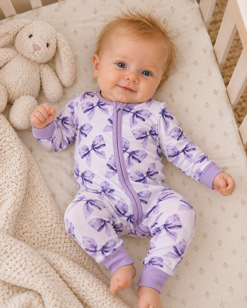 Baby girl is wearing a Purple Bow Zip Bamboo Romper