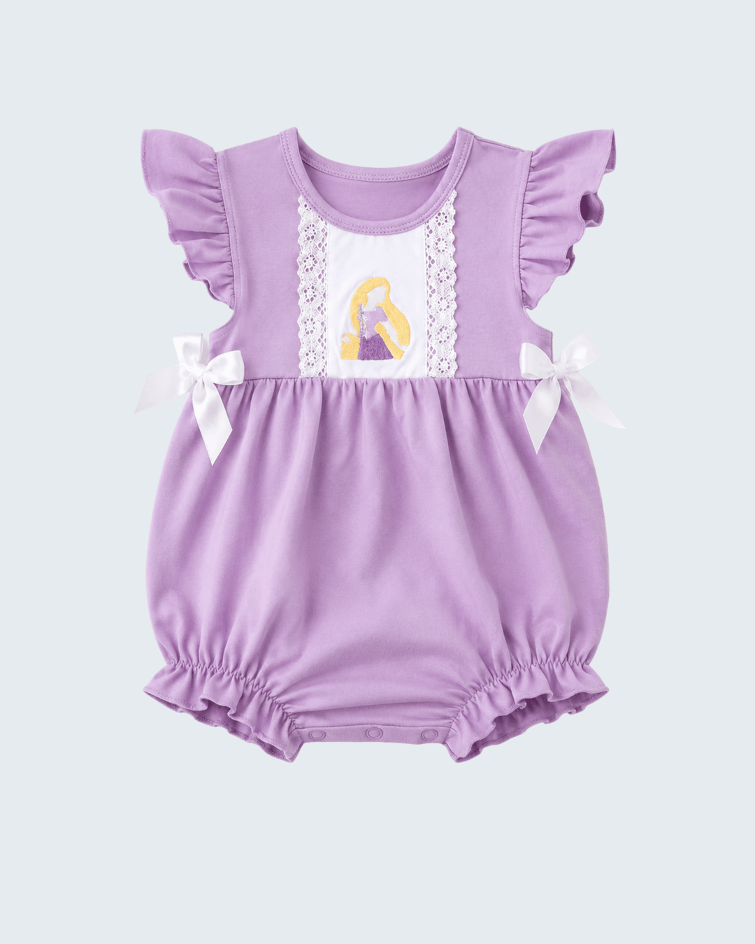 Purple Character Embroidered Ruffle Bubble on light grey background