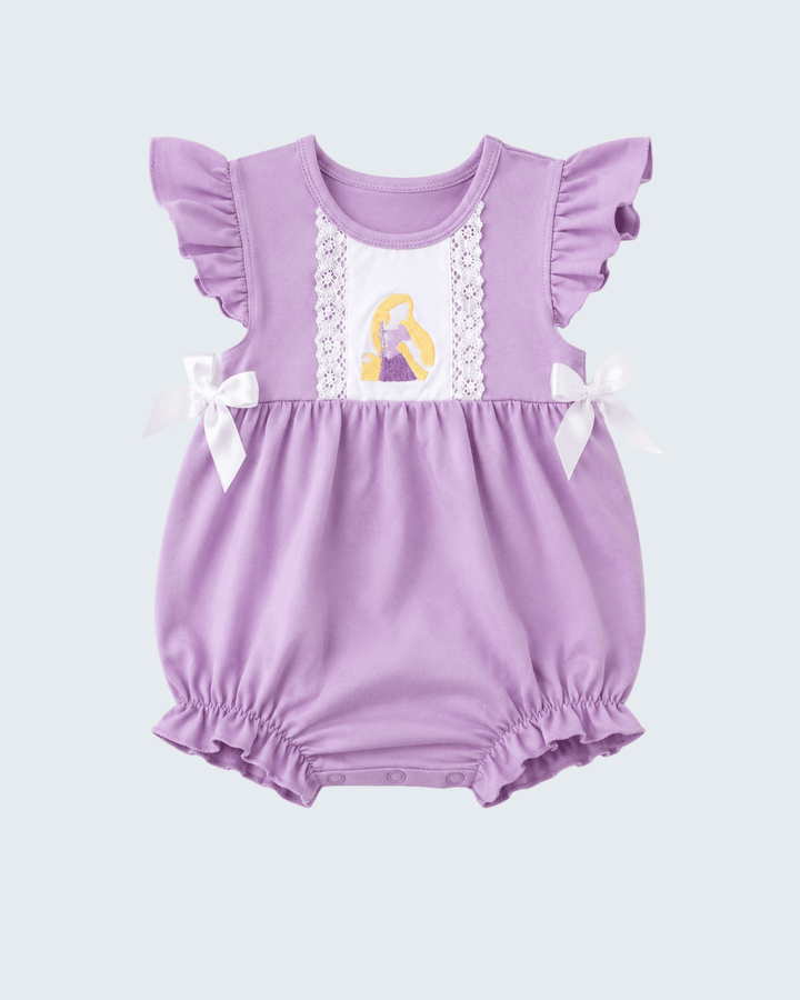 Purple Character Embroidered Ruffle Bubble on light grey background