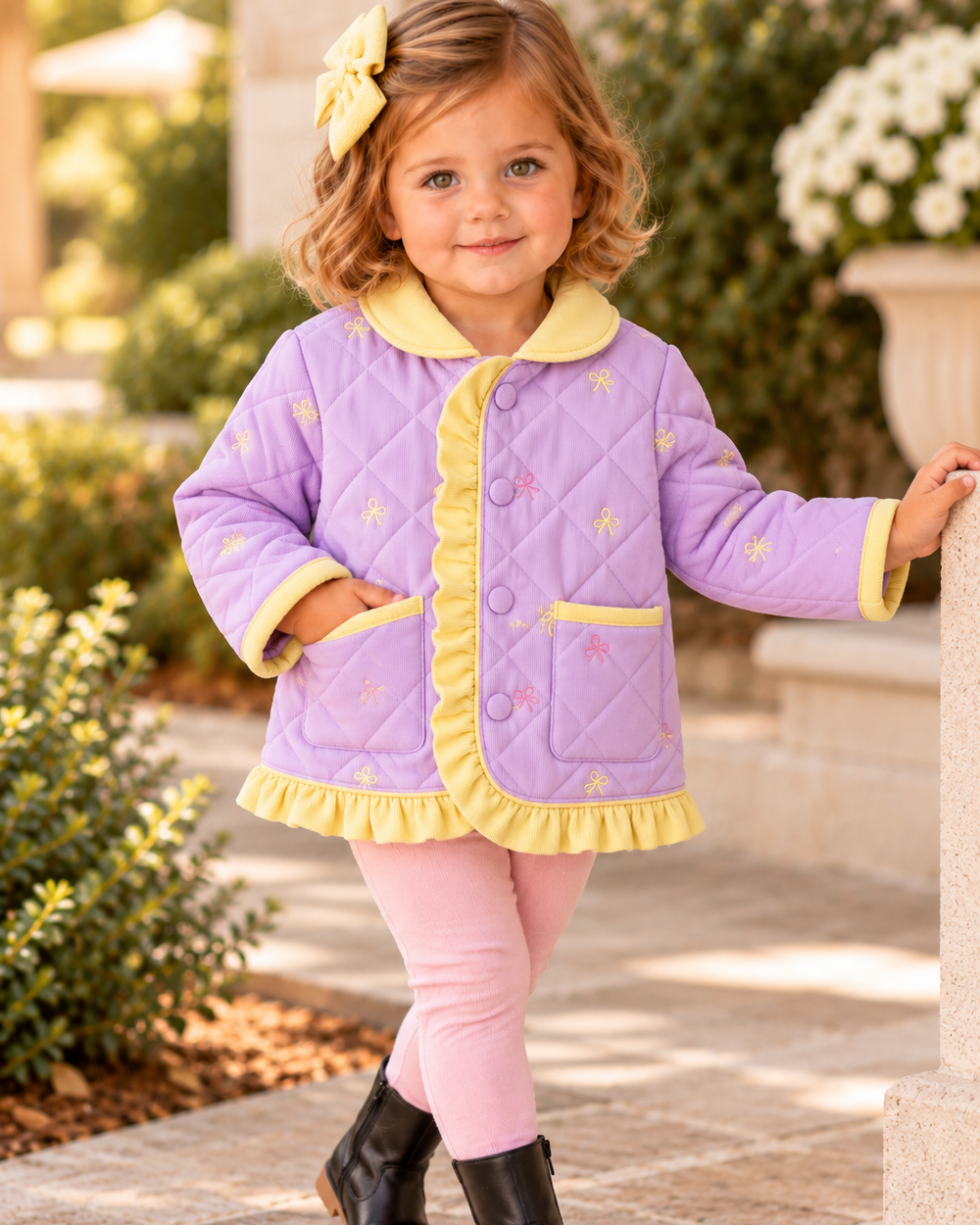 Toddler girl is wearing a Purple Corduroy Bow Embroidered Ruffle Jacket