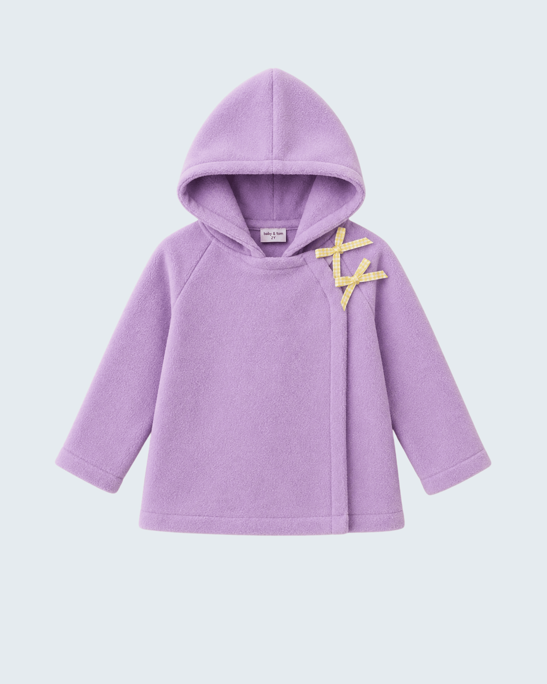 Purple fleece hooded coat with yellow ribbon bow detail at right shoulder