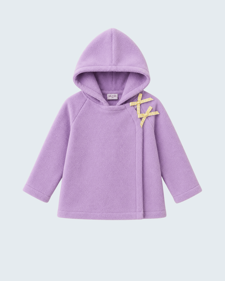 Purple fleece hooded coat with yellow ribbon bow detail at right shoulder