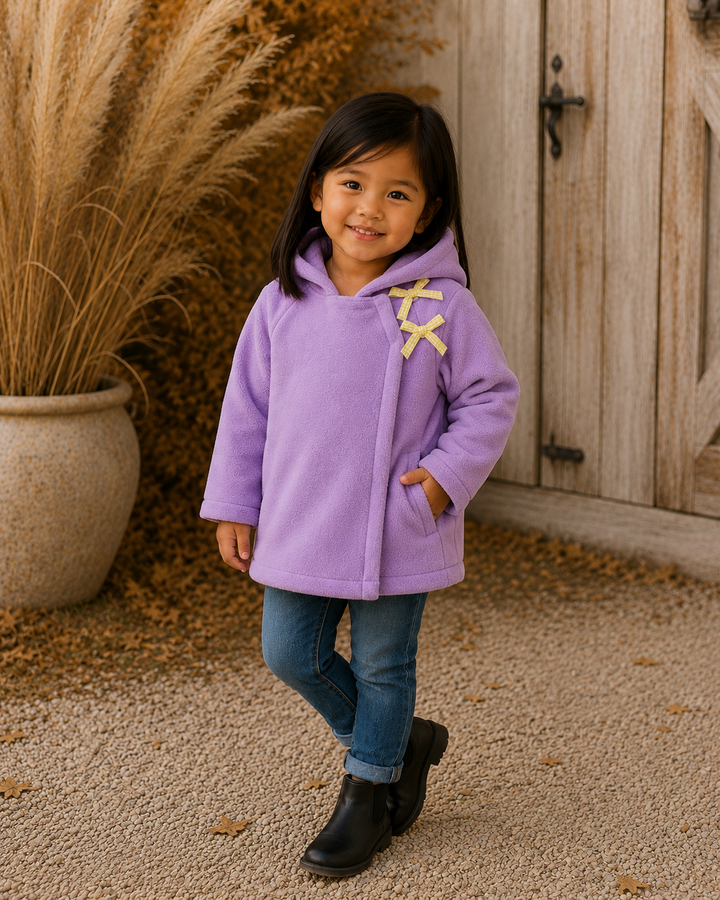 Kids purple fleece hooded bow coat with yellow ribbon accent and jeans