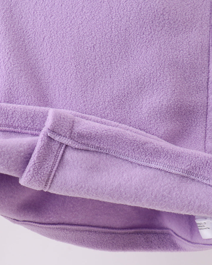 Purple fleece hooded coat hem with snap strap detail