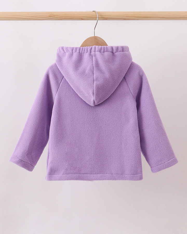 Purple fleece hooded coat with full front zipper and elastic cuffs