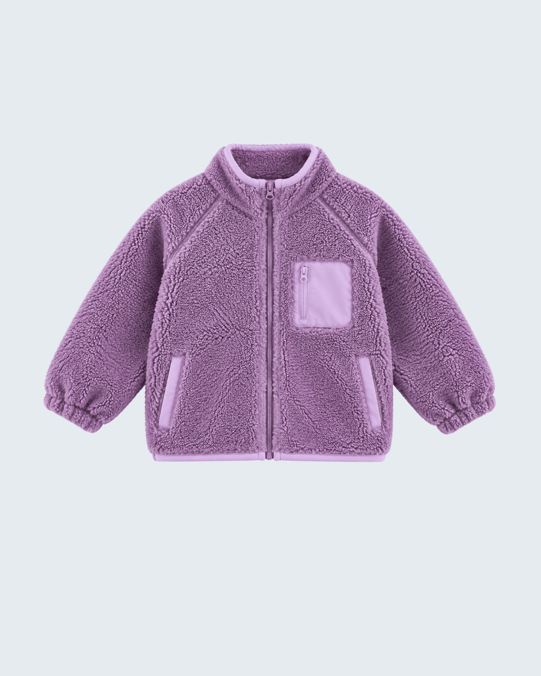 Purple fleece zip-up jacket with stand collar, front zipper, and chest pocket
