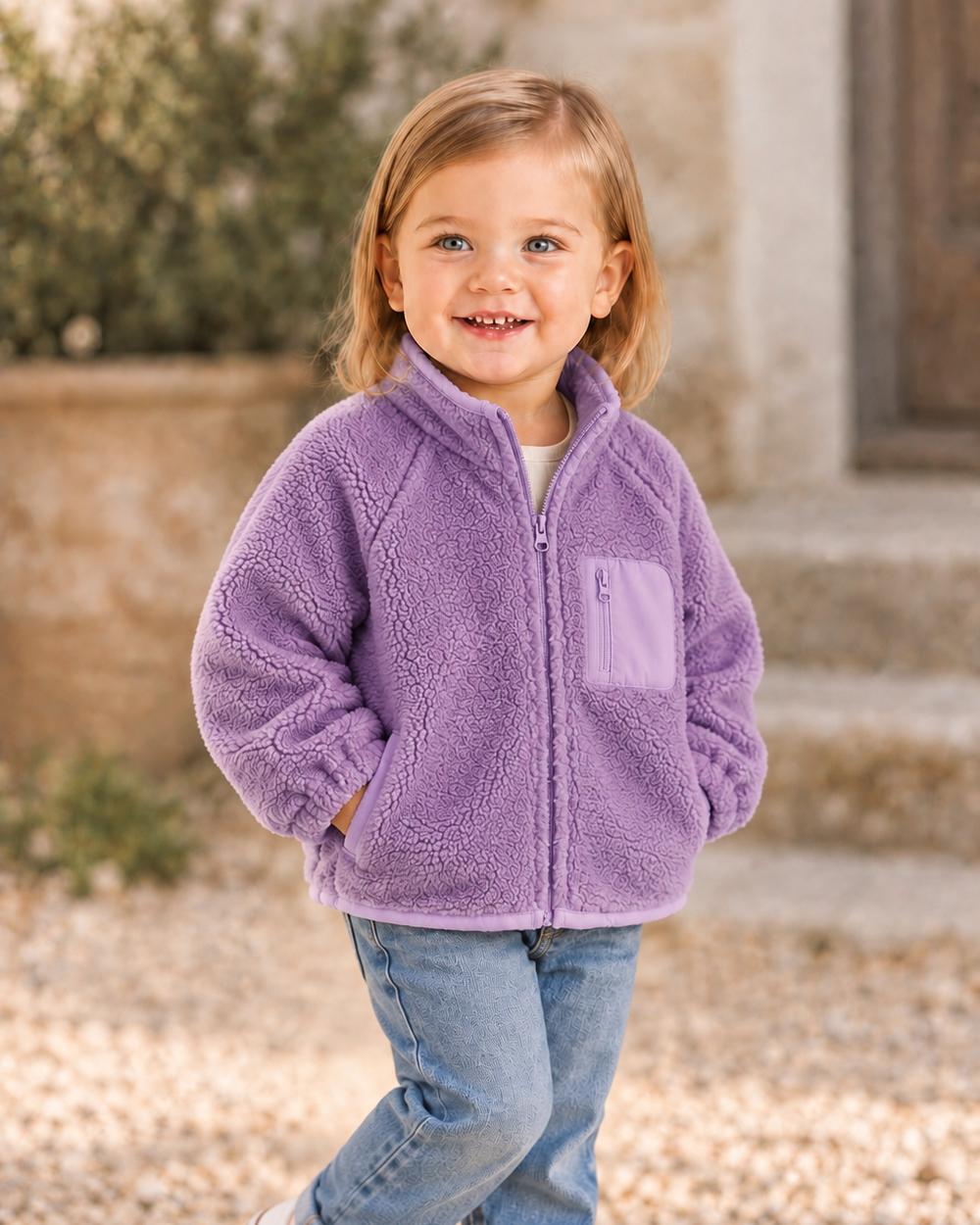 Purple fleece zip-up jacket with side pockets and long sleeves, front zipper