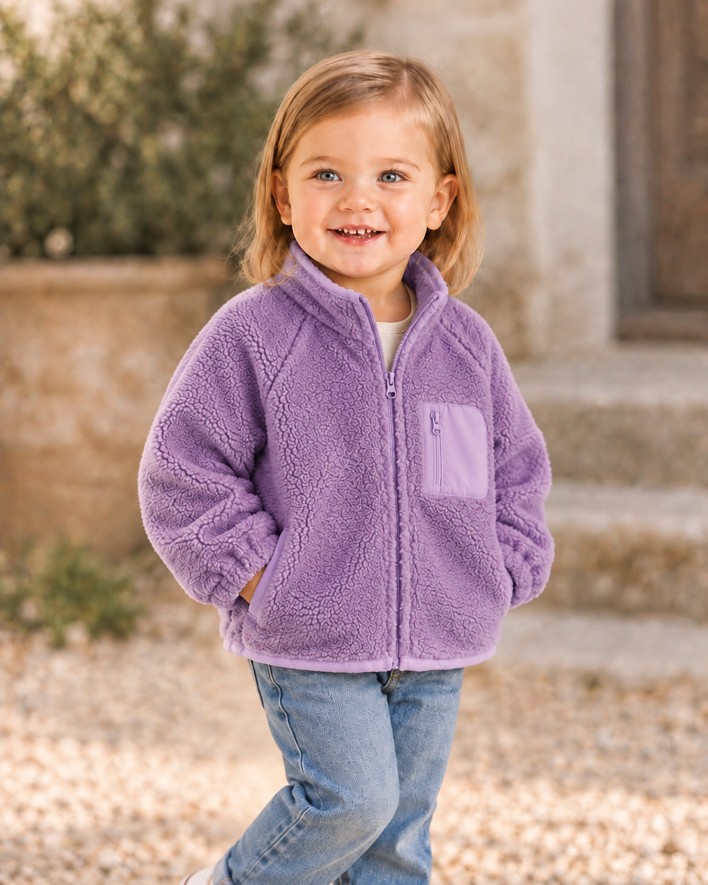 Purple fleece zip-up jacket with side pockets and long sleeves, front zipper