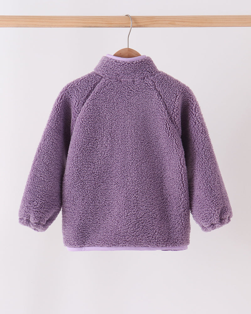 Purple fleece zip-up jacket with high neck and full sleeves