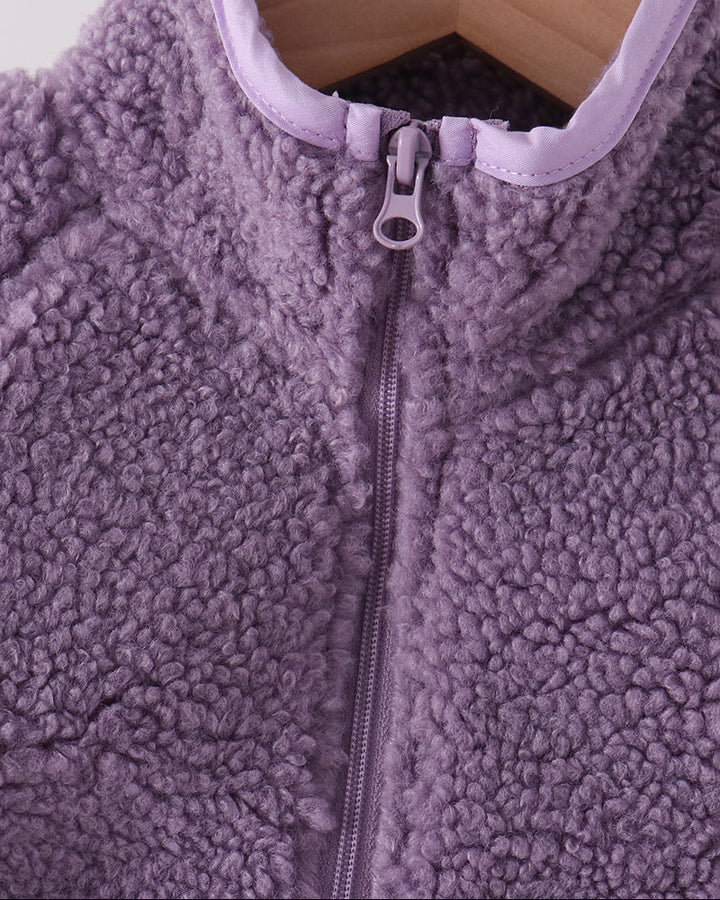 Purple fleece jacket with front zipper and stand collar