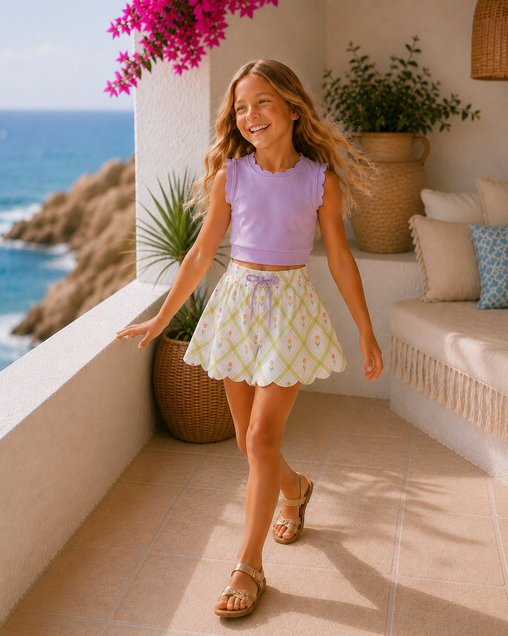 Young girl in a colorful outfit standing on a balcony with ocean view