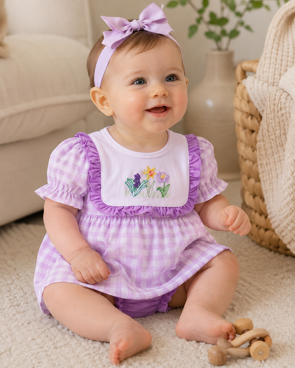 Baby girl sitting on floor wearing Purple Floral Embroidered Gingham Bloomer Set
