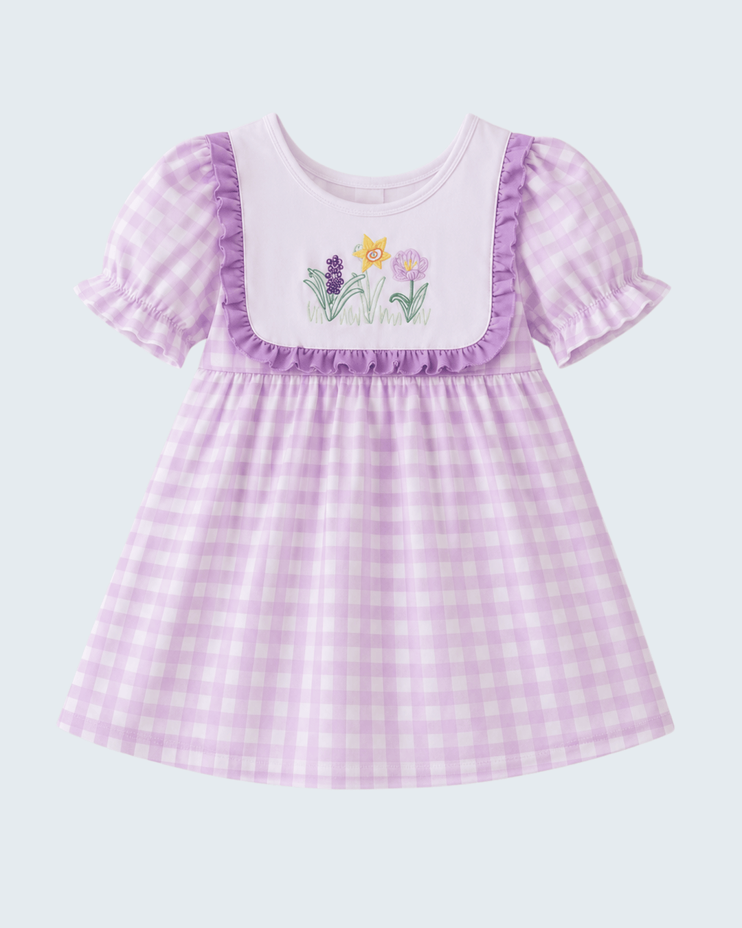 Purple Floral Embroidered Gingham Ruffle Dress