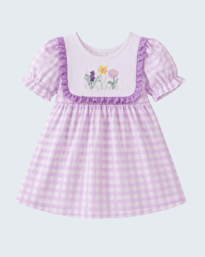 Purple Floral Embroidered Gingham Ruffle Dress