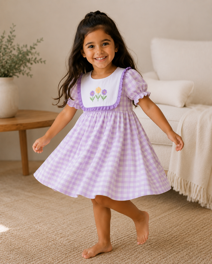 Young girl in a purple checkered dress with floral embroidery in a home setting