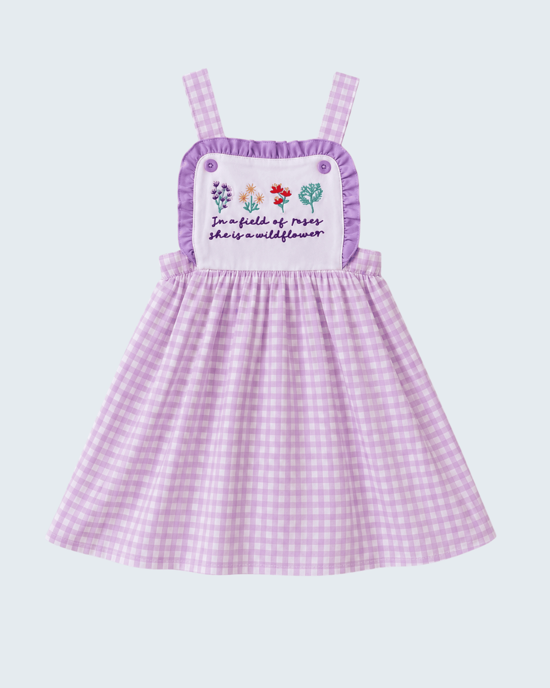 Purple Floral Embroidered Gingham Ruffle Dress