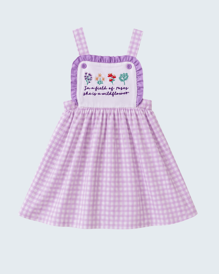 Purple Floral Embroidered Gingham Ruffle Dress