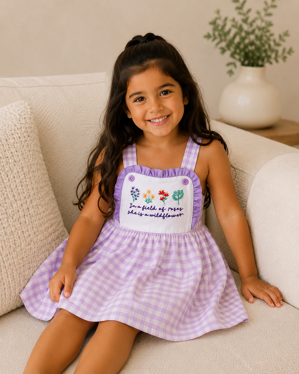 Young girl wearing a purple checkered dress with a floral design on a couch.