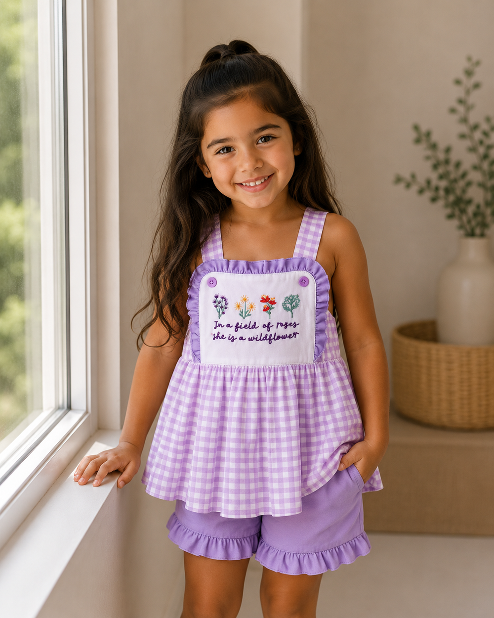 Young girl wearing a purple checkered outfit with floral design and text, standing by a window.