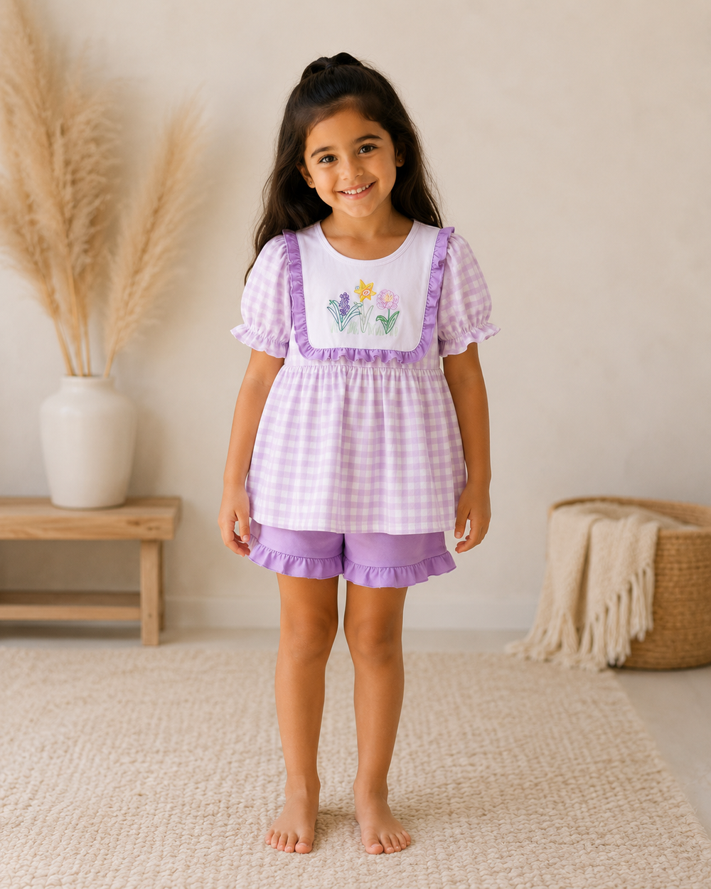 Young girl wearing a purple checkered outfit with floral embroidery in a room setting.