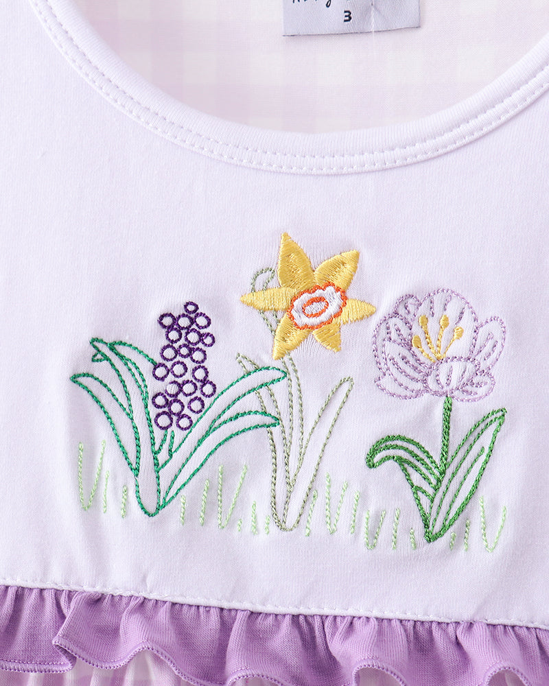 Close up image of floral embroidery on dress