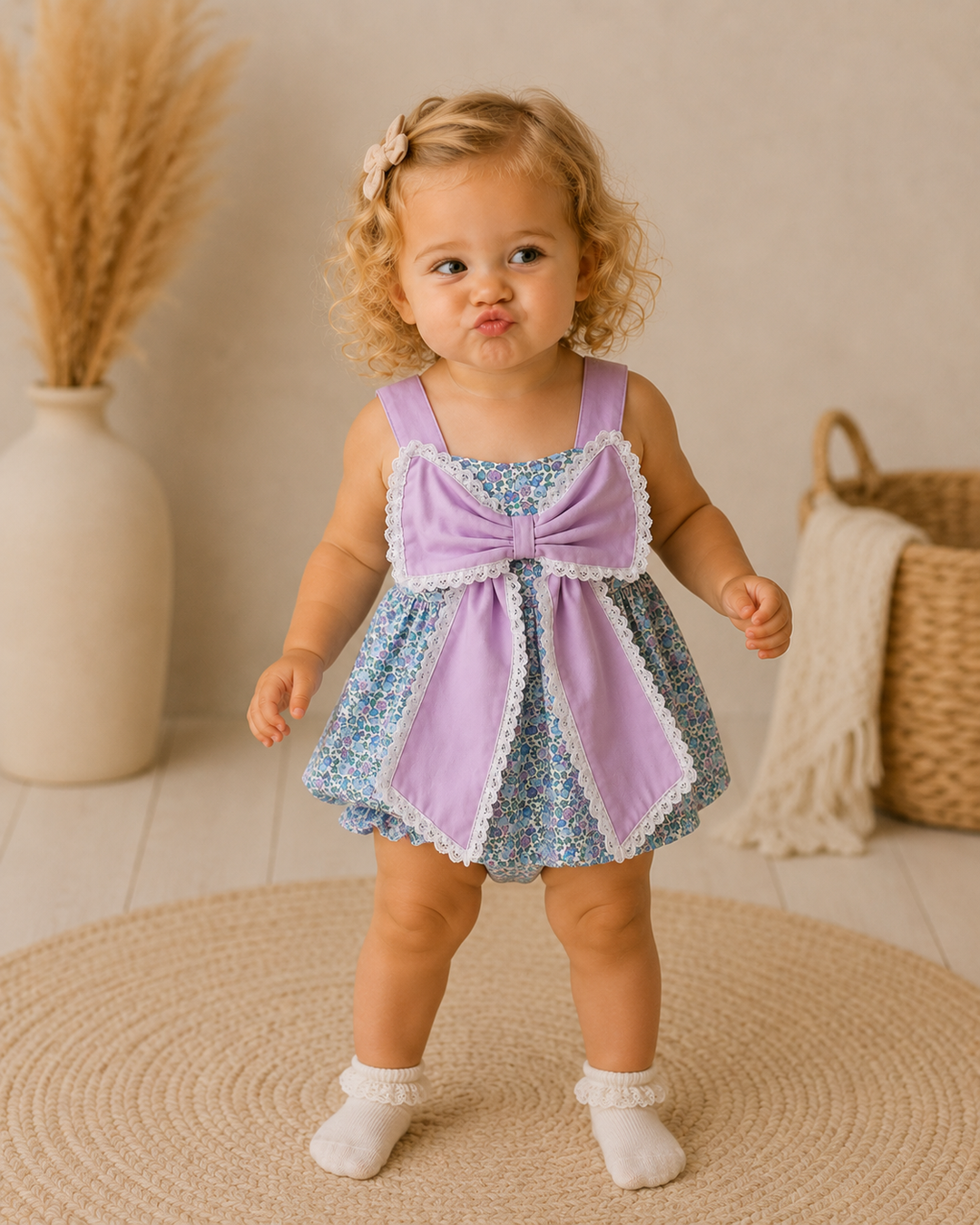 Child wearing a floral dress with a purple bodice and trim, standing on a woven mat.