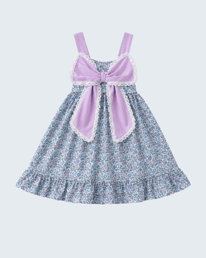 Purple Floral Print Bow Ruffle Dress