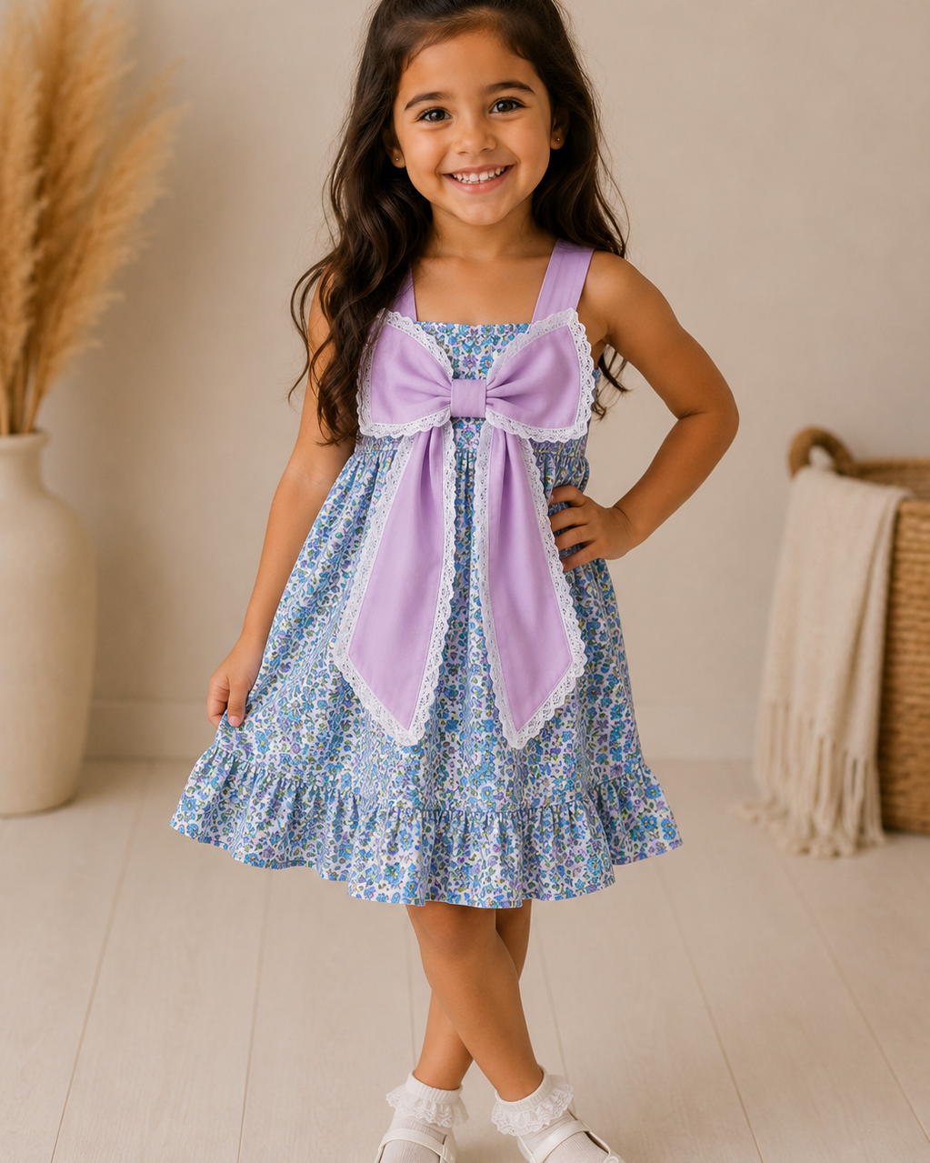Young girl wearing a blue floral dress with a large purple bow, standing indoors.