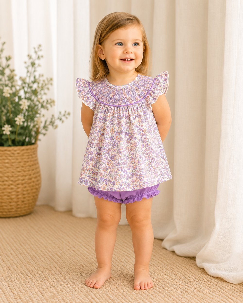Young girl wearing a floral top and purple bloomers standing in a room with white curtains and a plant.