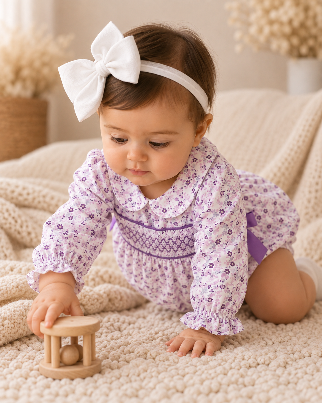 Baby girl in a purple floral romper is on the floor playing with a rattle.