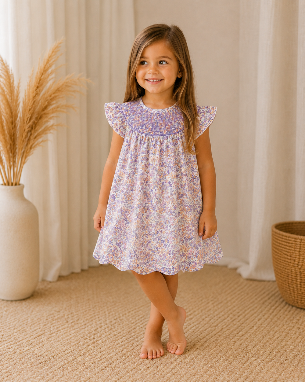 Young girl in a floral dress standing in a room with decorative elements.