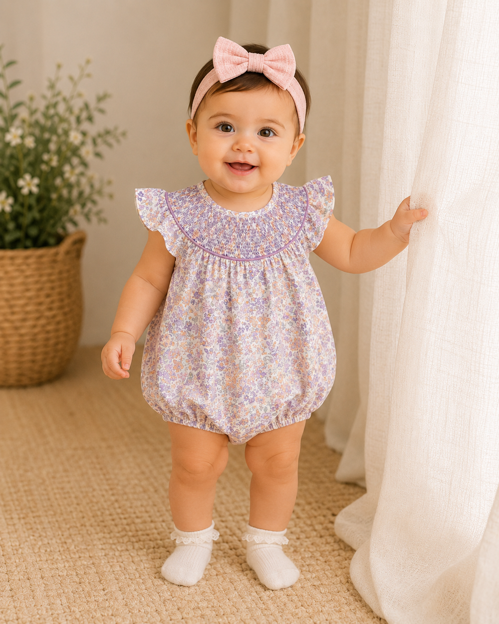 Baby in a floral romper with a pink headband standing on a textured floor.