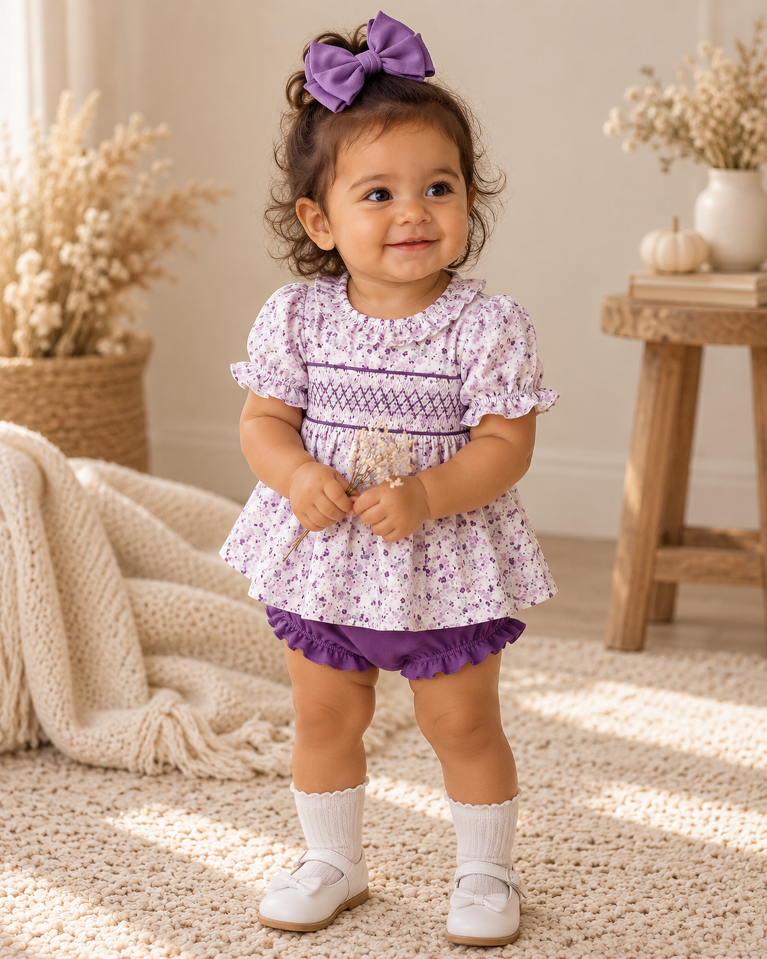 Toddler wearing a purple outfit. She is standing in a warm tone living room