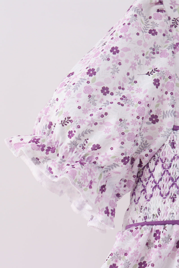 Purple Floral Smocked Top &amp; Bloomer Set