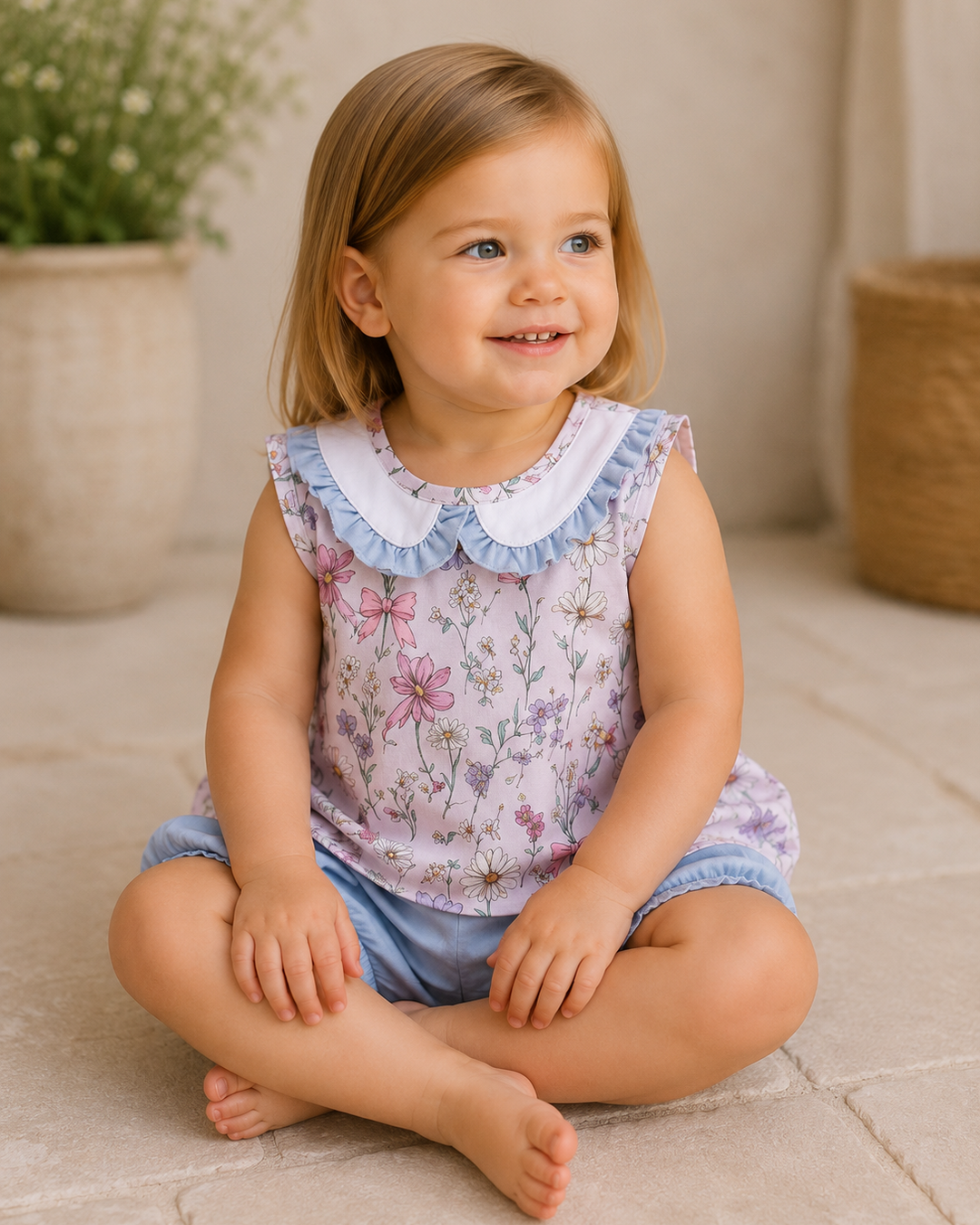 Young girl sitting on a stone floor wearing a floral dress with a blue collar.