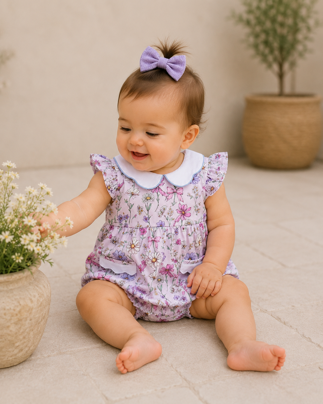 Baby in a floral outfit sitting on the floor with plants around